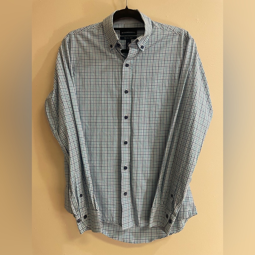Buttoned Down LS BD Blue White Plaid Checkered Slim Shirt Men’s Size M